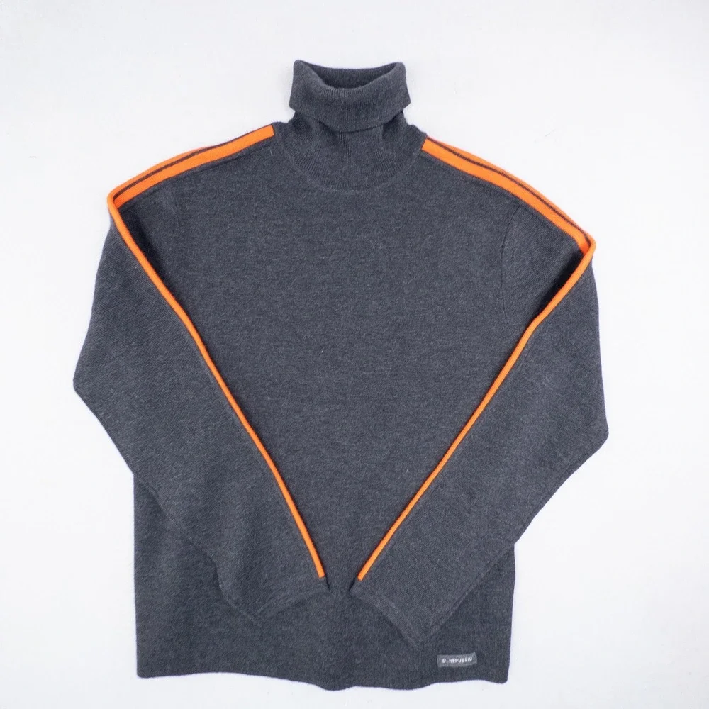 Banana Republic Mens Large Merino Wool Turtleneck Sweater Charcoal Orange Stripe